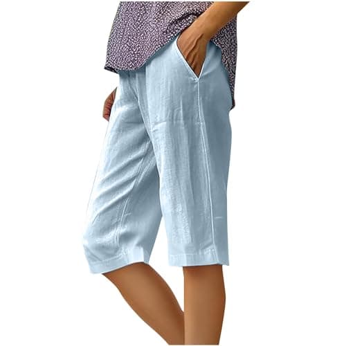 Sktremeuru Women's Summer Elastic Waist Cotton Linen Short Pants Plus Size