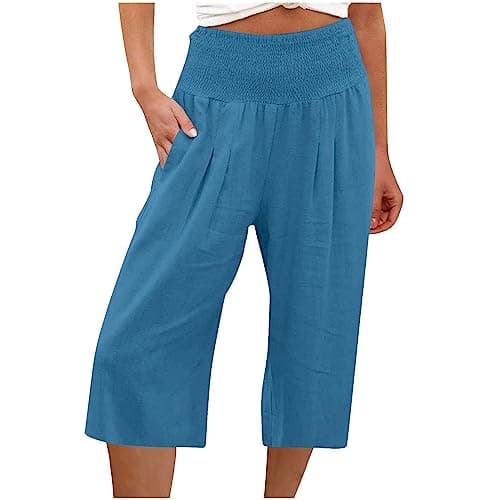 Sktremeuru Women's Summer Loose Wide Leg Linen Palazzo Pants High Waist Flowy Crop