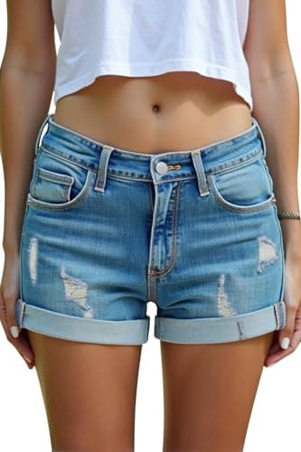 HOCAIES Women's Mid Rise Denim Shorts Folded Hem