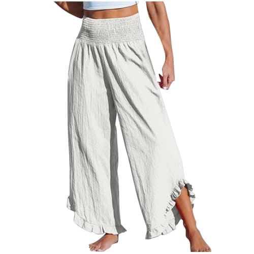 Boho Wide Leg Smocked Waist Linen Pants for Summer Vacation