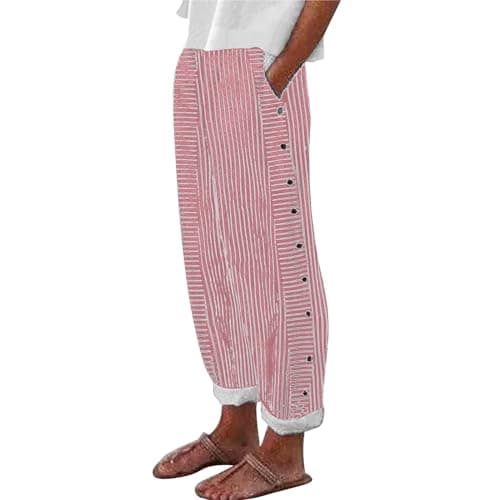 Generic Women's Straight Leg Stripe Cotton Linen Pants
