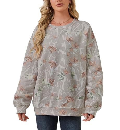 Oversized Women's Camo Sweatshirt with Maple Leaf Print Fleece Hoodie