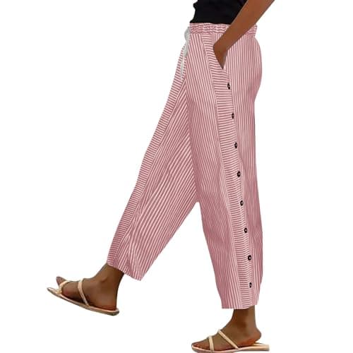 Generic Women's Straight Leg Stripe Cotton Linen Pants