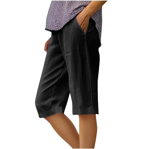 Sktremeuru Women's Summer Elastic Waist Cotton Linen Short Pants Plus Size