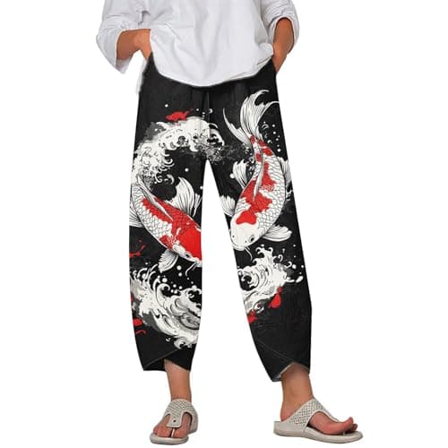 HOTYD Japanese Linen Pants for Women Summer Baggy Capri Trouser with Pockets