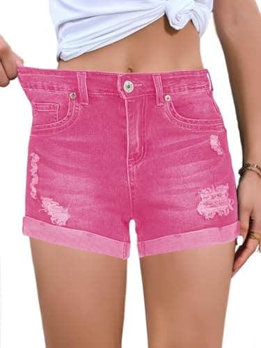 FEKOAFE 2025 Women's Summer Mid/High-Waisted Ripped Denim Shorts