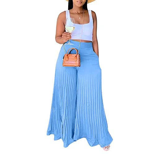 Lexiart High-Waisted Chiffon Pleated Wide Leg Palazzo Pants