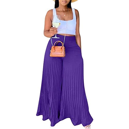 Lexiart High-Waisted Chiffon Pleated Wide Leg Palazzo Pants