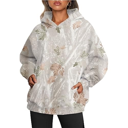 Hudenrtv Women's Camo Hoodie with Maple Leaf Print Fleece Sweatshirt