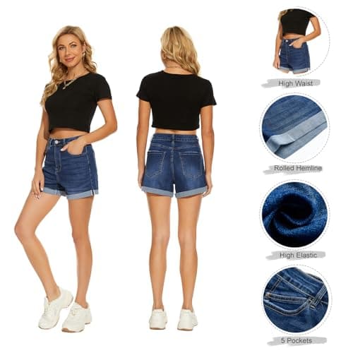 VIPONES High Waisted Stretch Denim Jean Shorts with Folded Hem