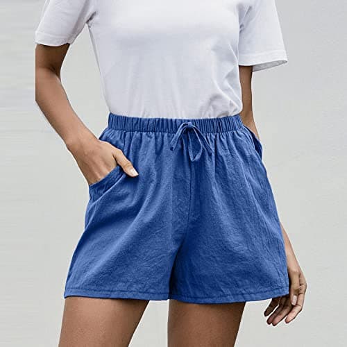 Sktremeuru High-Waisted Linen Shorts for Women Elastic Waist Drawstring Wide Leg Summer Fashion