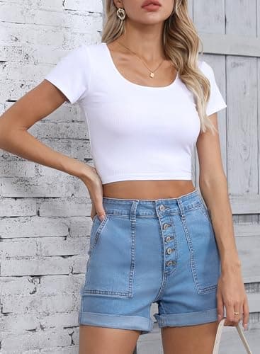Sidefeel Women's High-Waisted Stretch Jean Shorts Zimba Platinum Denim