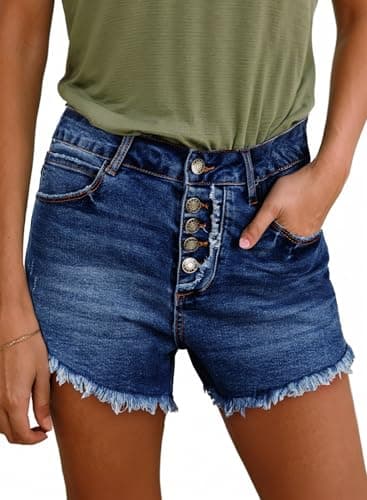Sidefeel Women's High-Waisted Stretch Raw Hem Denim Shorts