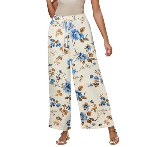 Elastic High Waisted Floral Print Wide Leg Linen Pants with Pockets