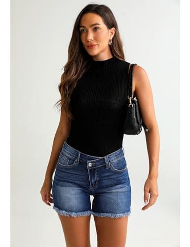 Luvamia Women's Low Waisted Trendy Denim Shorts Casual Summer Raw Hem