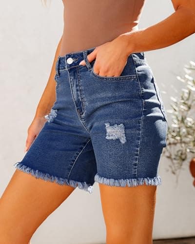 Luvamia Women's High-Waisted Distressed Denim Long Shorts