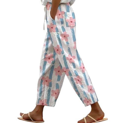 Boho Striped Linen Pants for Women Summer Casual Beach