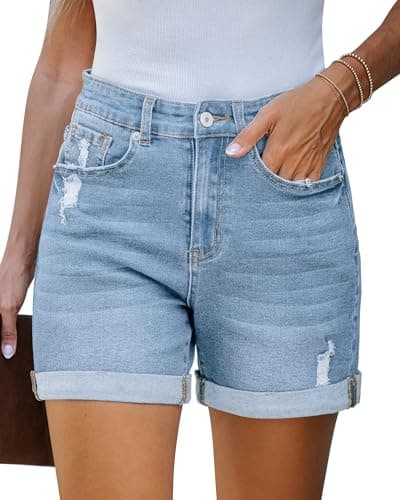 LookbookStore Women's Stretchy High-Waisted Ripped Denim Shorts