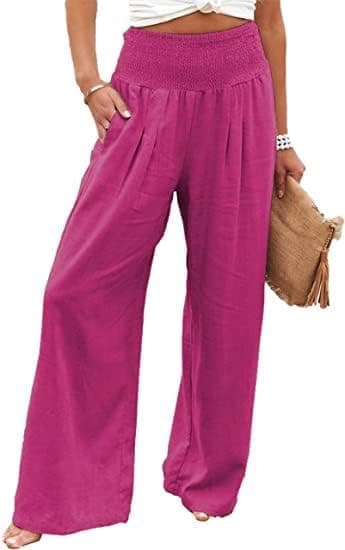 GLIENST Women's High Waisted Smocked Linen Palazzo Pants with Pockets S-2XL