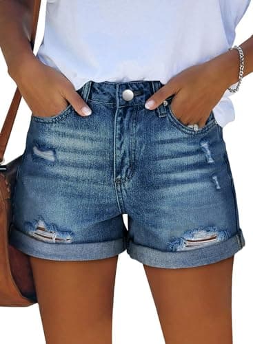 Angerella Women's Mid Rise Ripped Denim Shorts Stretchy Folded Hem