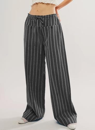 Acelitt Women's Casual Elastic Waist Striped Wide Leg Pants with Pockets, S-XXL