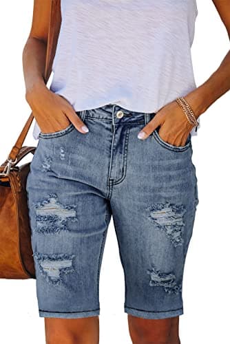 Metietila Women's Ripped Mid-Rise Denim Bermuda Shorts