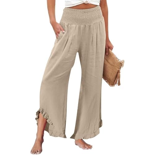 GOKKILRW Women's Lightweight Boho Linen High Waist Flowy Palazzo Pants
