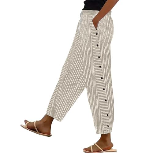 Generic Women's Straight Leg Stripe Cotton Linen Pants