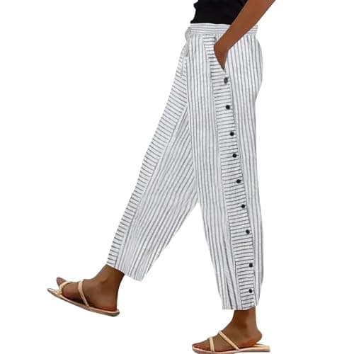 Generic Women's Straight Leg Stripe Cotton Linen Pants