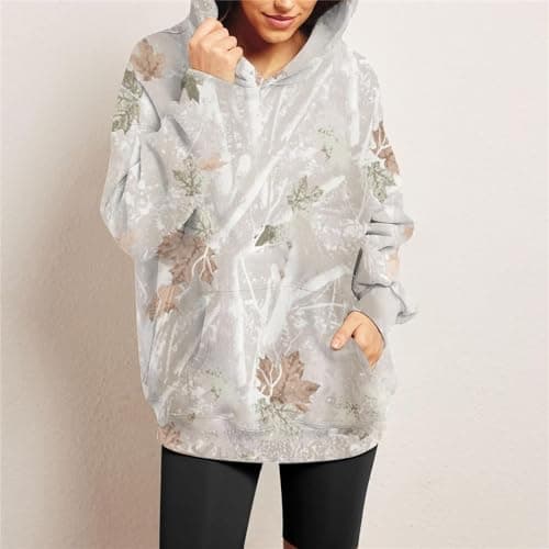 Hudenrtv Women's Camo Hoodie with Maple Leaf Print Fleece Sweatshirt