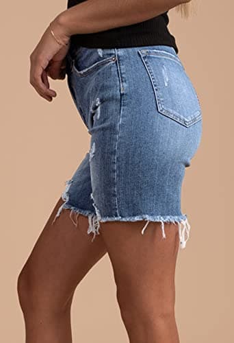 HUUSA Women's High Waist Ripped Denim Mid-Thigh Shorts with Pocket