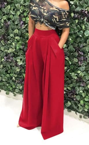 Chatinction Women's High Waist Pleated Polka Dot Printed Wide Leg Pants