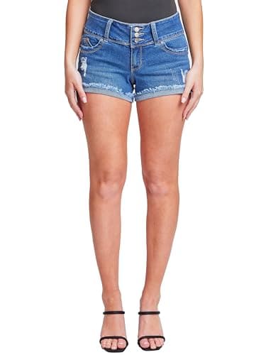 YMI Women's Junior Wannabettabutt 3-Button Mid-Rise Cuffed Jeans Shorts
