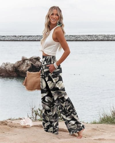 High Waisted Floral Print Palazzo Pants with Pockets