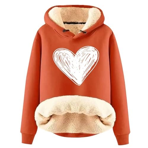 Warm Heart Print Fleece Hoodie for Women Winter Casual Pullovers