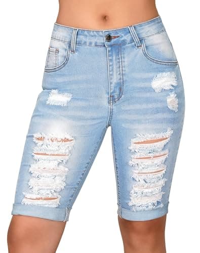 Rosswear Women's Ripped Stretch Mid-Rise Denim Bermuda Shorts