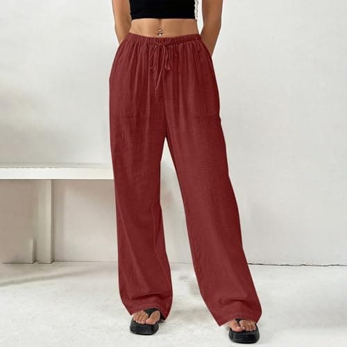 DINEVE Women's Summer Wide Leg High Waist Drawstring Pants Plus Size Linen Lounge