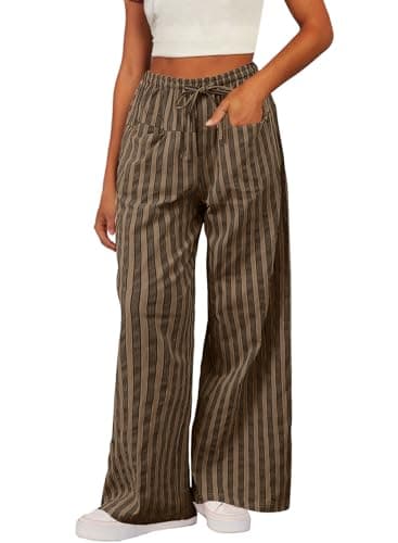 Acelitt Women's Casual Elastic Waist Striped Wide Leg Pants with Pockets, S-XXL