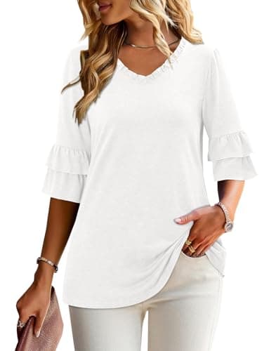 Angerella Dressy 3/4 Sleeve V-Neck Tunic Tops Spring Summer Tops