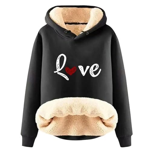 Warm Heart Print Fleece Hoodie for Women Winter Casual Pullovers