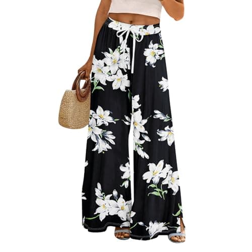 Elastic High Waisted Floral Print Wide Leg Linen Pants with Pockets