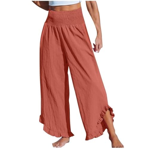 Boho Wide Leg Smocked Waist Linen Pants for Summer Vacation
