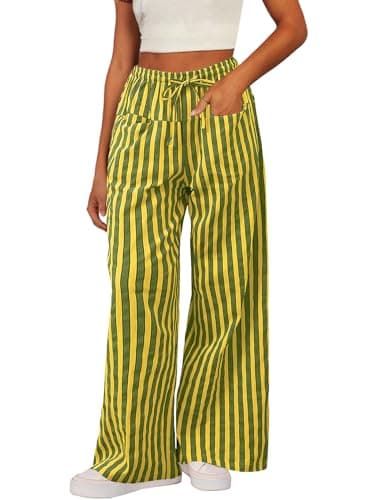 Acelitt Women's Casual Elastic Waist Striped Wide Leg Pants with Pockets, S-XXL