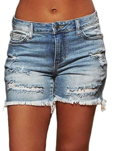 Flamingals Raw Hem Mid-Waist Stretchy Jean Shorts for Women