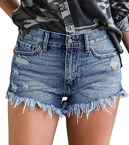 OnlyPuff Women's Ripped Mid-Waisted Denim Shorts