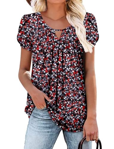 OnlyPuff Women's Pleated Floral Tunic Tops Summer Boho Dress Casual