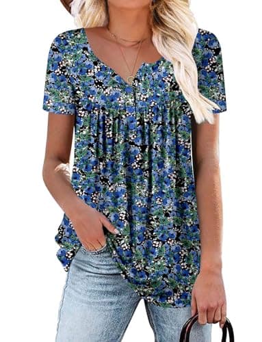 ROSELINLIN Women's Floral Summer Short Sleeve Shirt Loose Fit Leggings Top