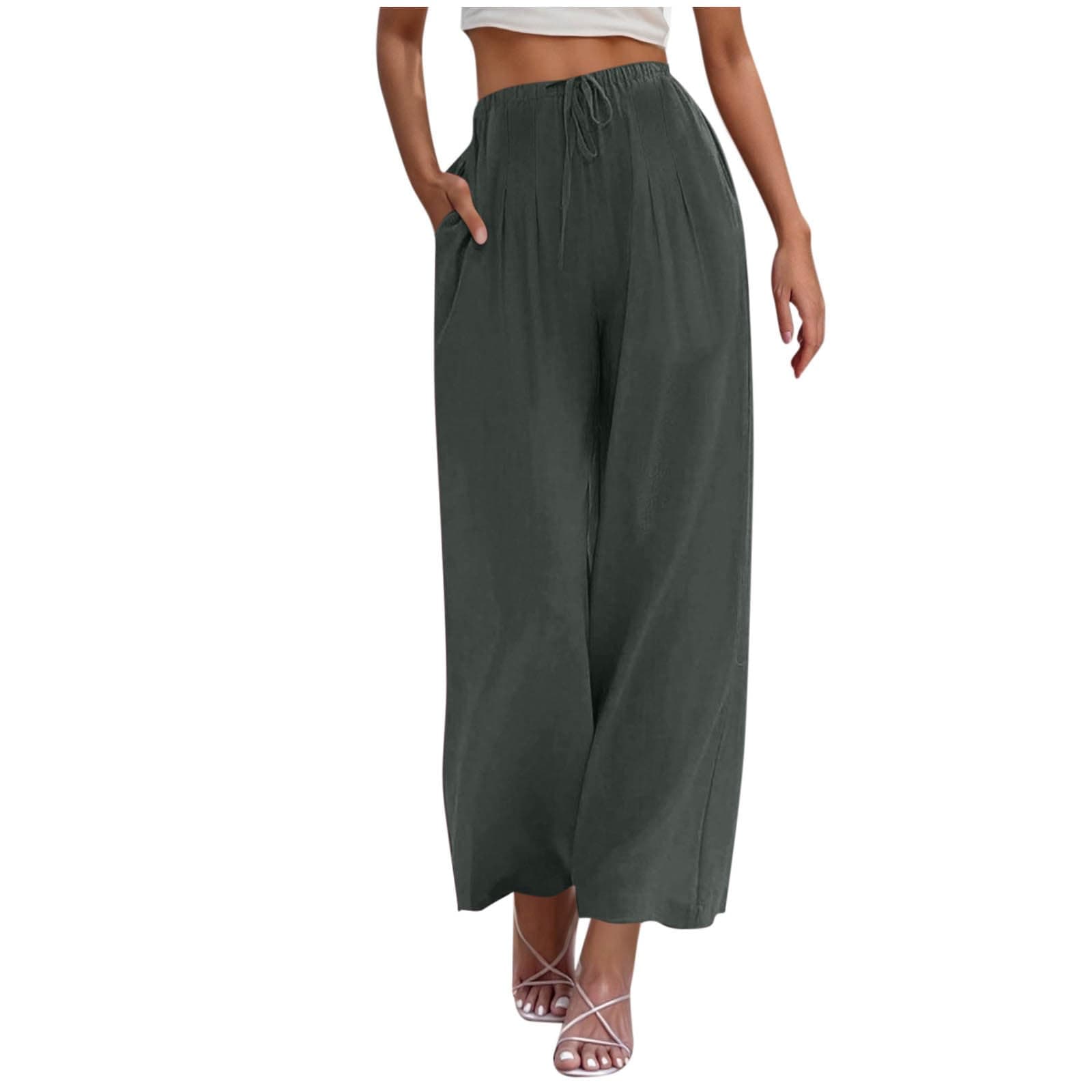 Yxzogd Women's Wide Leg Linen Pants with Pockets High Waist Drawstring Casual Fit