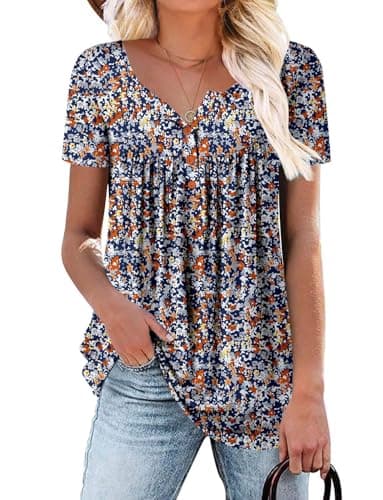 ROSELINLIN Women's Floral Summer Short Sleeve Shirt Loose Fit Leggings Top