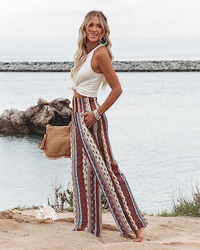 Angerella Women's Palazzo Pants, Wide Leg Lounge Trousers with Pockets, Brown Stripe, Large